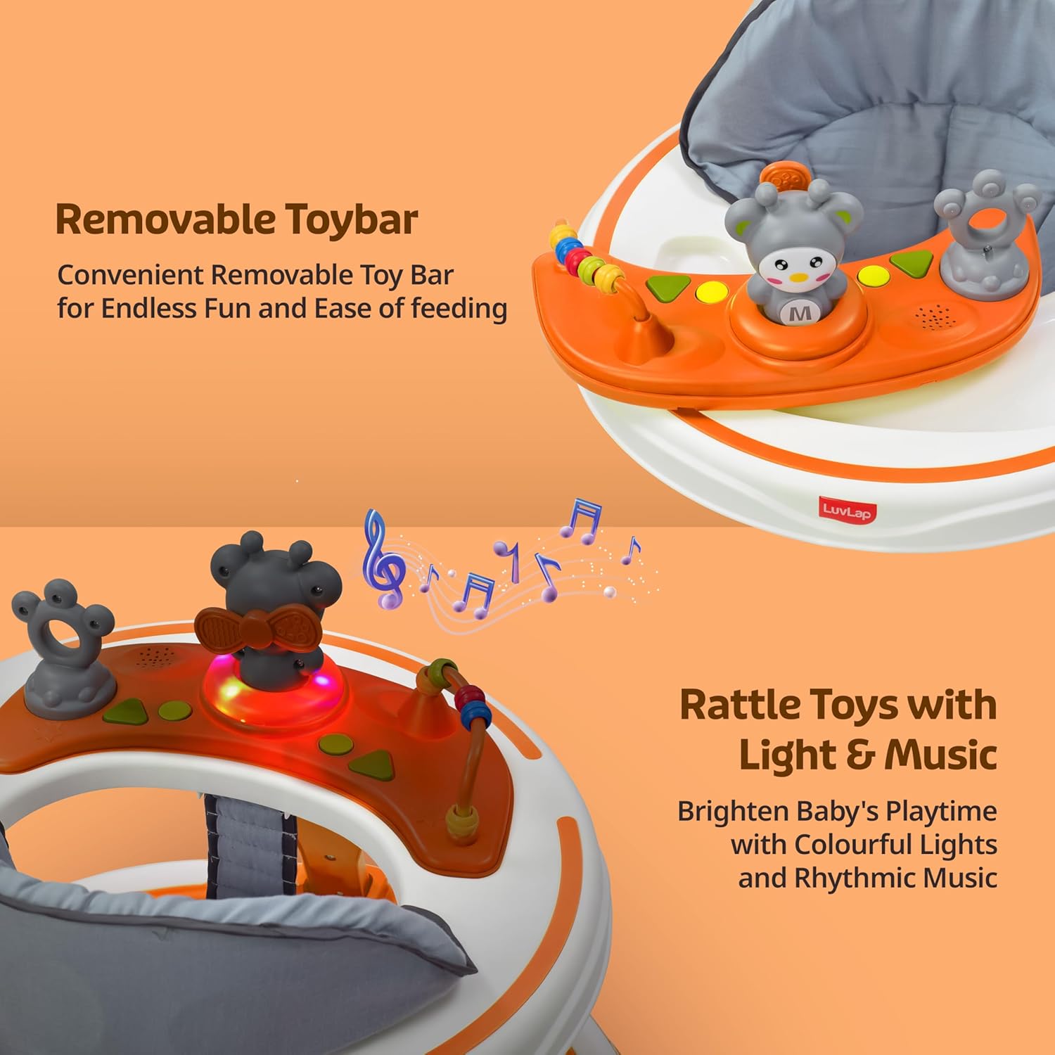 Bright orange baby walker with stimulating toys, designed for promoting baby's mobility and development. www.usmile.toys